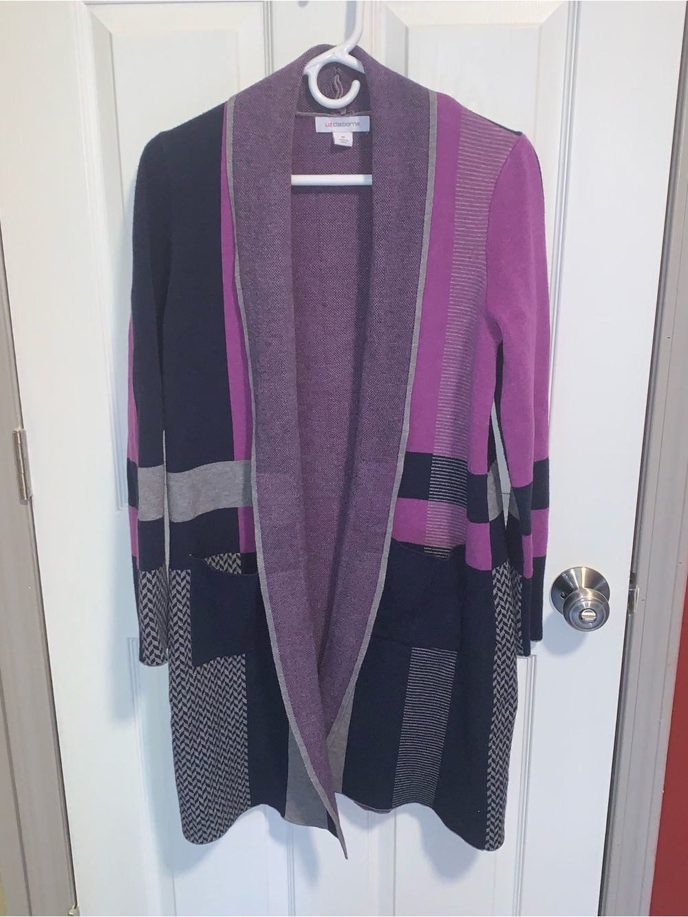 Liz Claiborne Open-Front Patchwork Cardigan in Purple, Gray, and Black